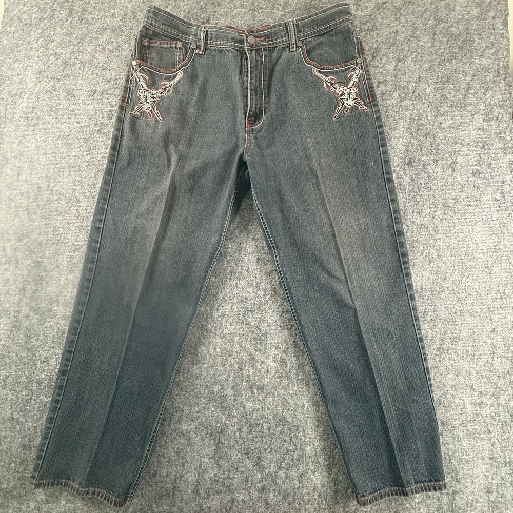 Jinzu Mens Jeans 40x32 Black Red Stitch Embroidered Crest Y2K Baggy Hip Hop